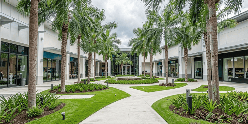 Commercial landscape hurricane preparation at a modern outdoor shopping center in South Florida