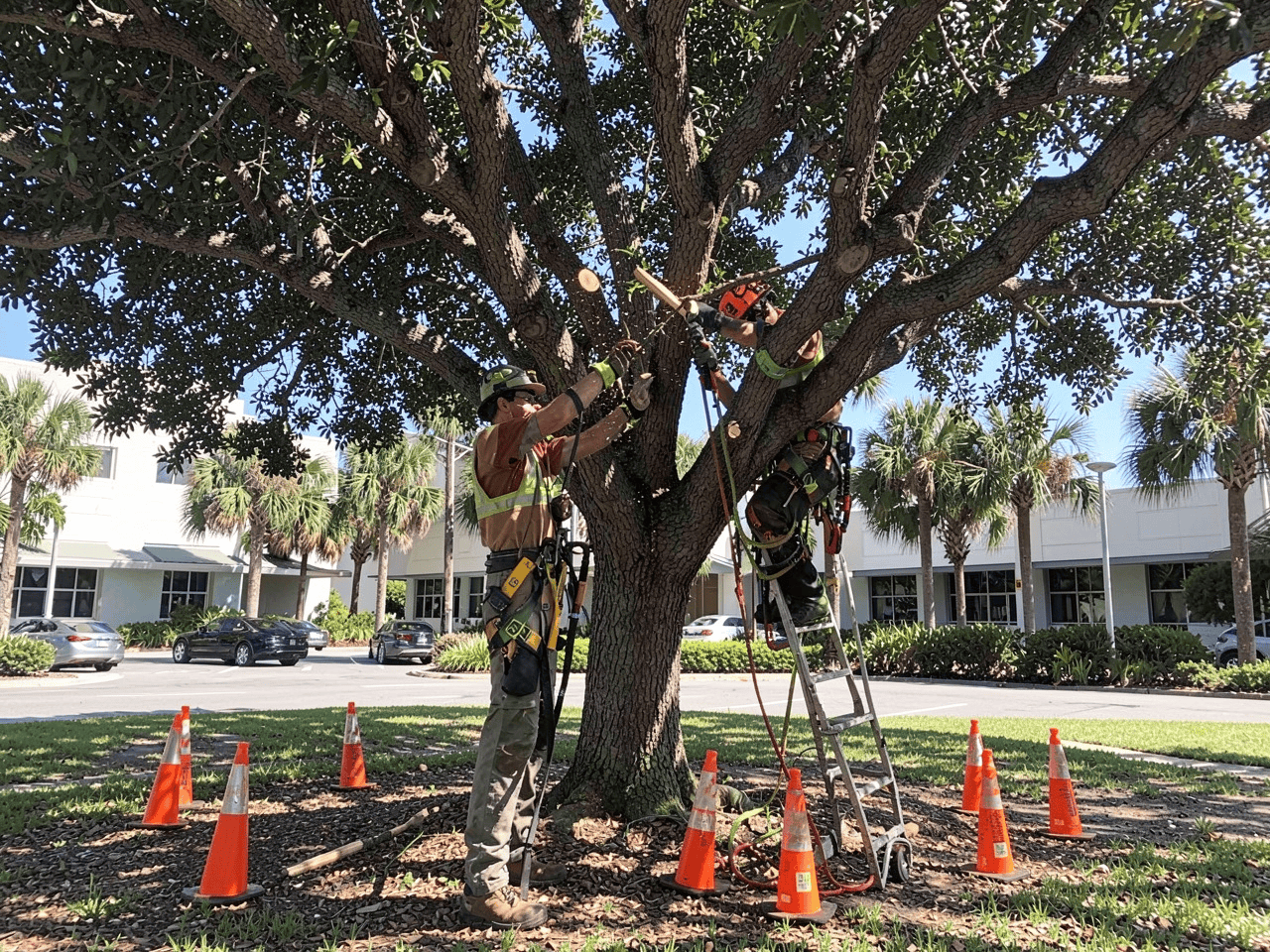Professional arborist pruning a tree as part of commercial landscape hurricane preparation