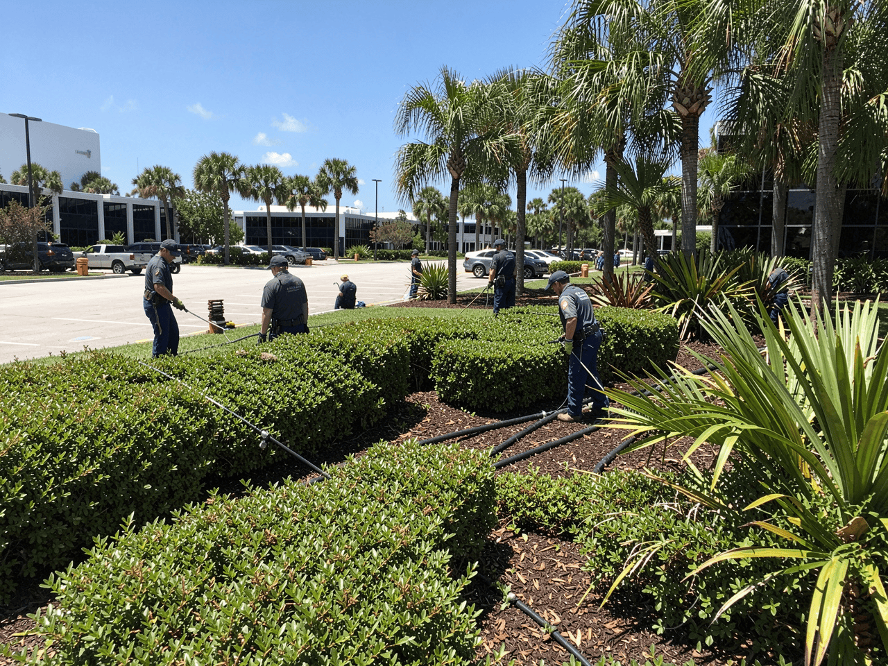 Uniformed commercial landscapers maintaining a large South Florida property as part of hurricane preparation