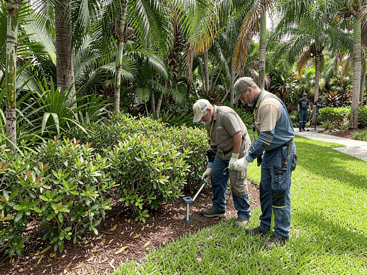 Professional commercial landscaping team inspecting palm trees and tropical plants around a South Florida office property, checking irrigation and plant health to prevent costly landscape damage.