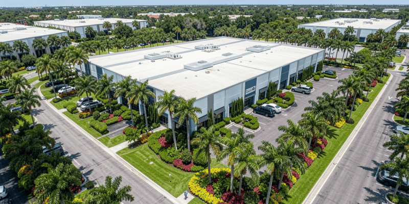 Coastal South Florida commercial landscape with shrubs and small trees showing brown, salt-scorched leaf edges and one-sided damage facing the ocean, alongside healthy salt-tolerant plants near a modern coastal office building.