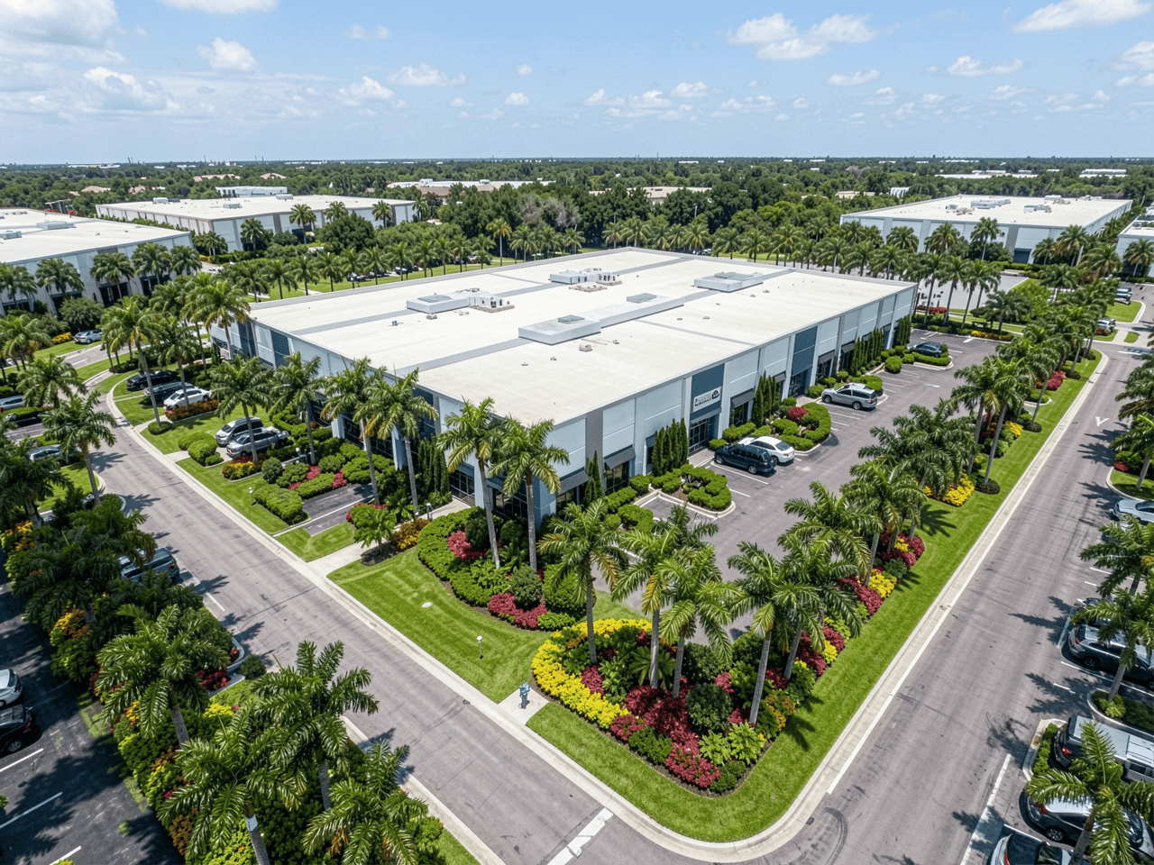 Coastal South Florida commercial landscape with shrubs and small trees showing brown, salt-scorched leaf edges and one-sided damage facing the ocean, alongside healthy salt-tolerant plants near a modern coastal office building.