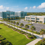 Aerial view of commercial landscaping in Palm Beach County with well maintained lawns, palms and office buildings