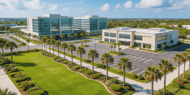 Aerial view of commercial landscaping in Palm Beach County with well maintained lawns, palms and office buildings
