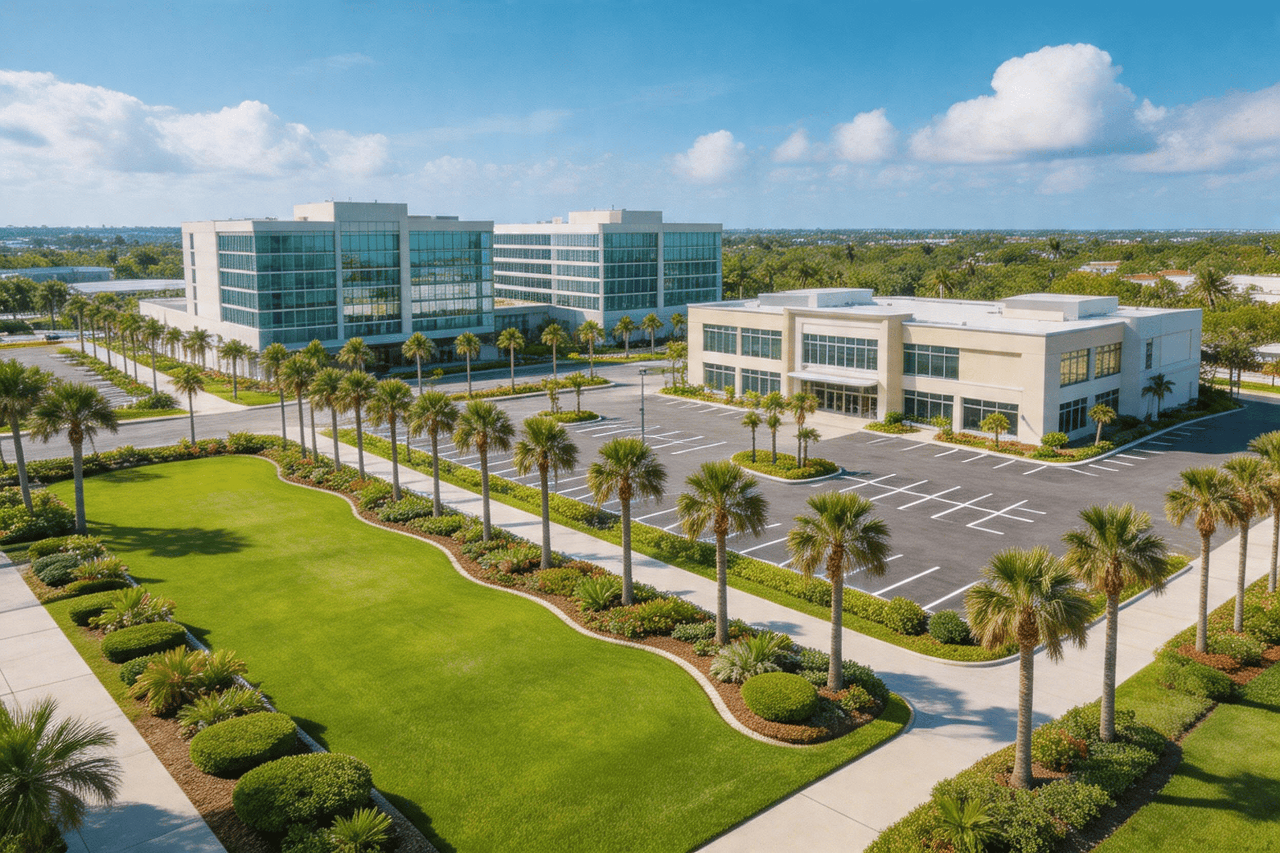 Aerial view of commercial landscaping in Palm Beach County with well maintained lawns, palms and office buildings