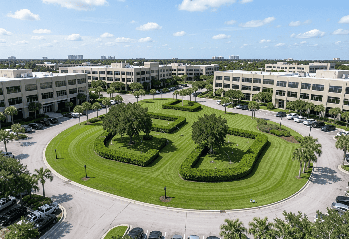 Commercial HOA landscaping Palm Beach common areas with green lawn, parking lot islands and irrigation sprinklers