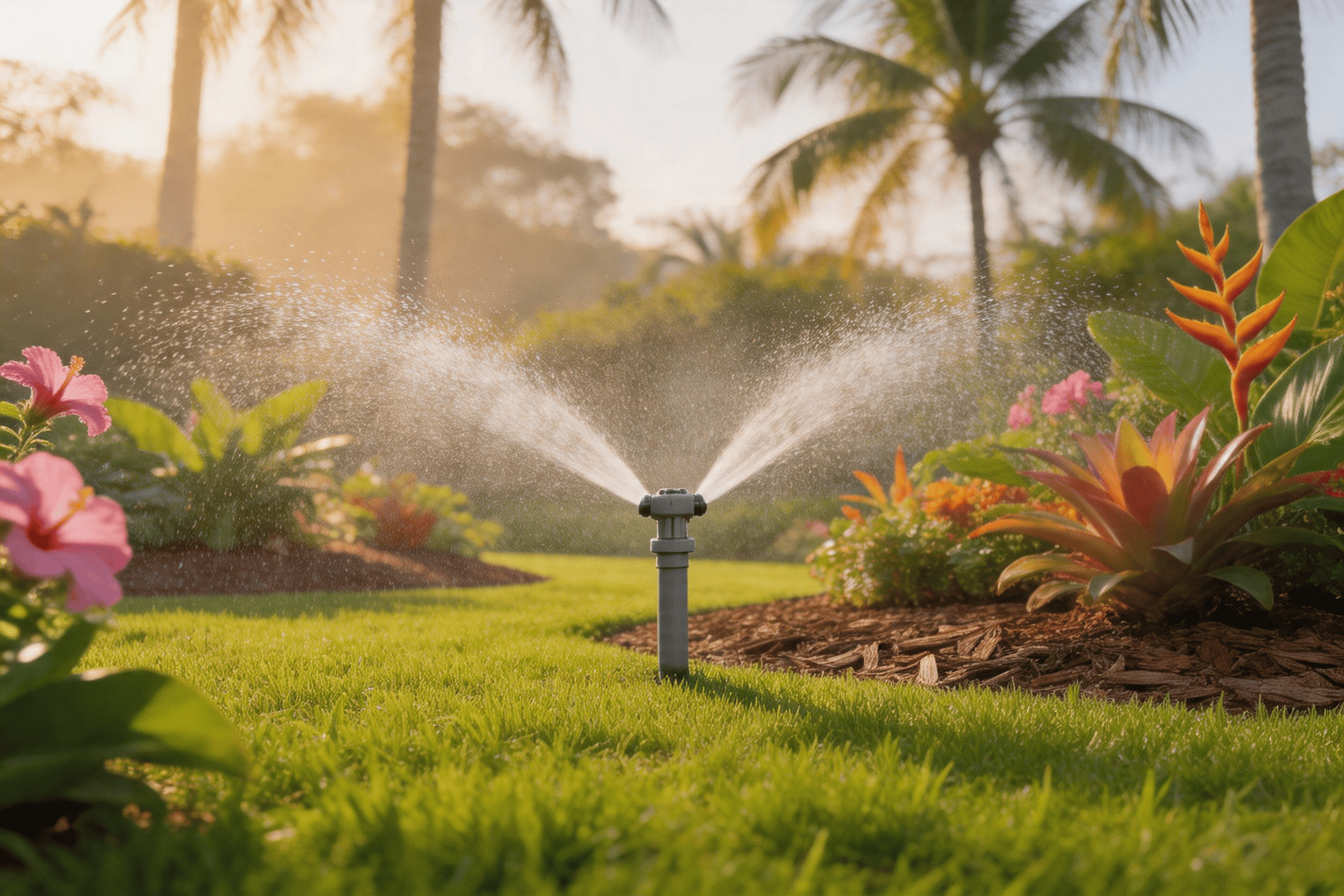 Commercial irrigation system maintaining tropical landscape in Broward County Florida with professional sprinkler management
