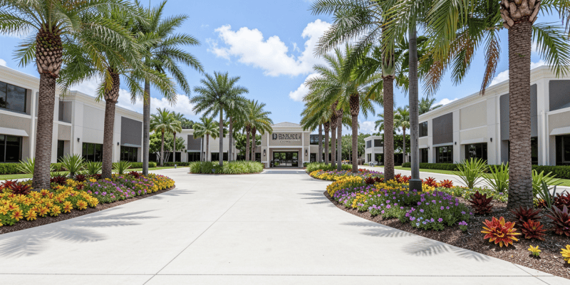 Commercial HOA landscaping Palm Beach office park entrance with tropical plants and palm trees