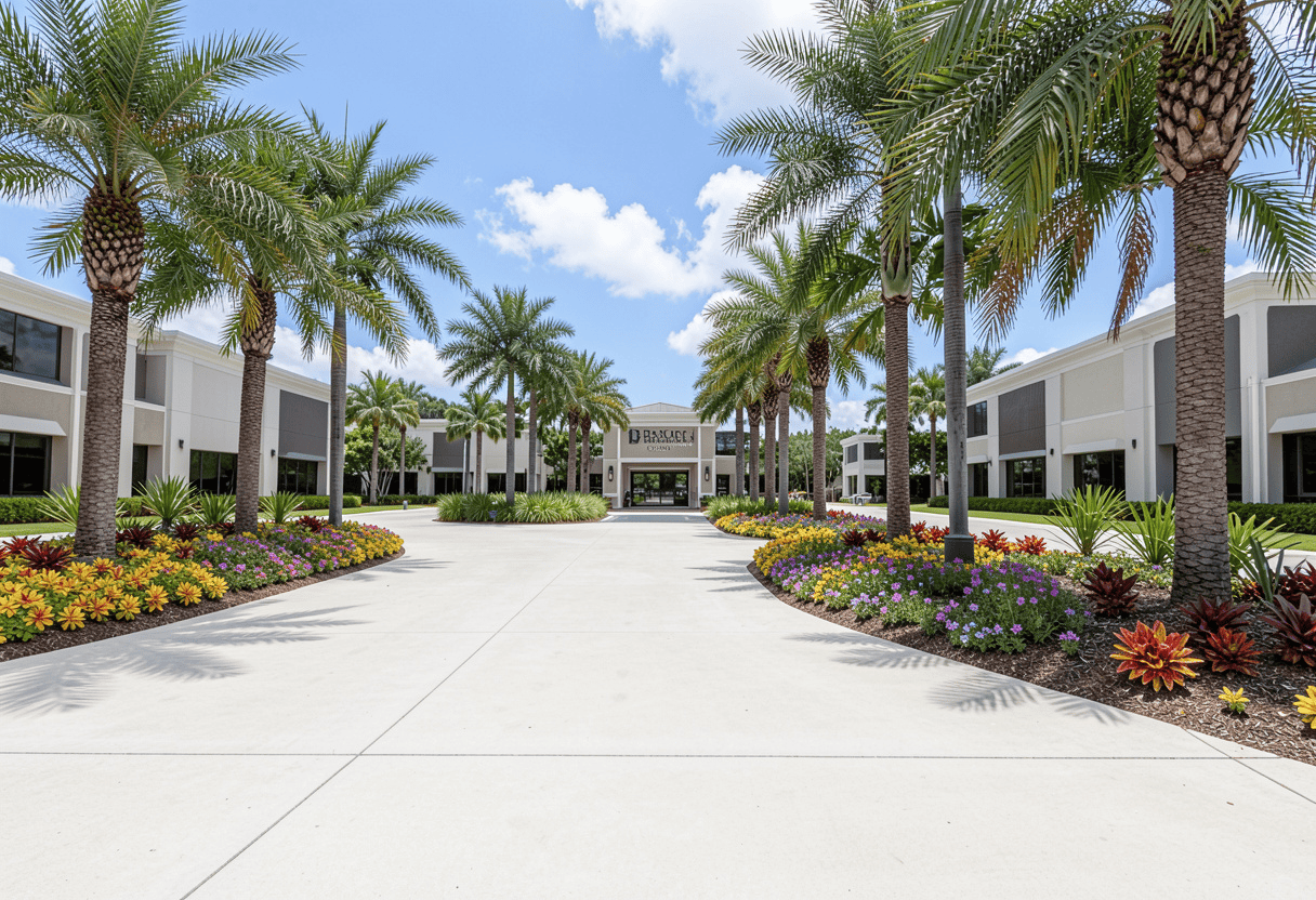 Commercial HOA landscaping Palm Beach office park entrance with tropical plants and palm trees