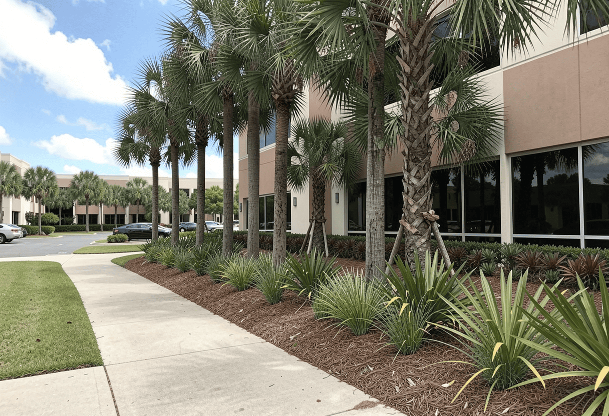 Hurricane-ready commercial HOA landscaping Palm Beach office park with pruned palms and native plants