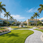 Broward County commercial landscape maintenance showing corporate office park with manicured lawn, palm trees, and tropical flower beds