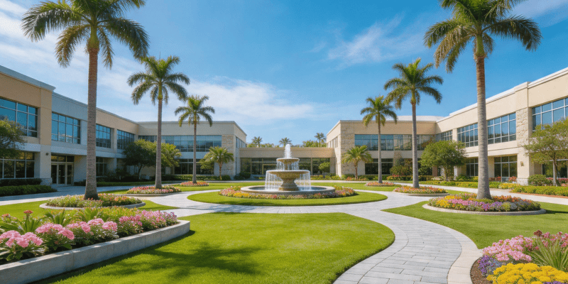Broward County commercial landscape maintenance showing corporate office park with manicured lawn, palm trees, and tropical flower beds