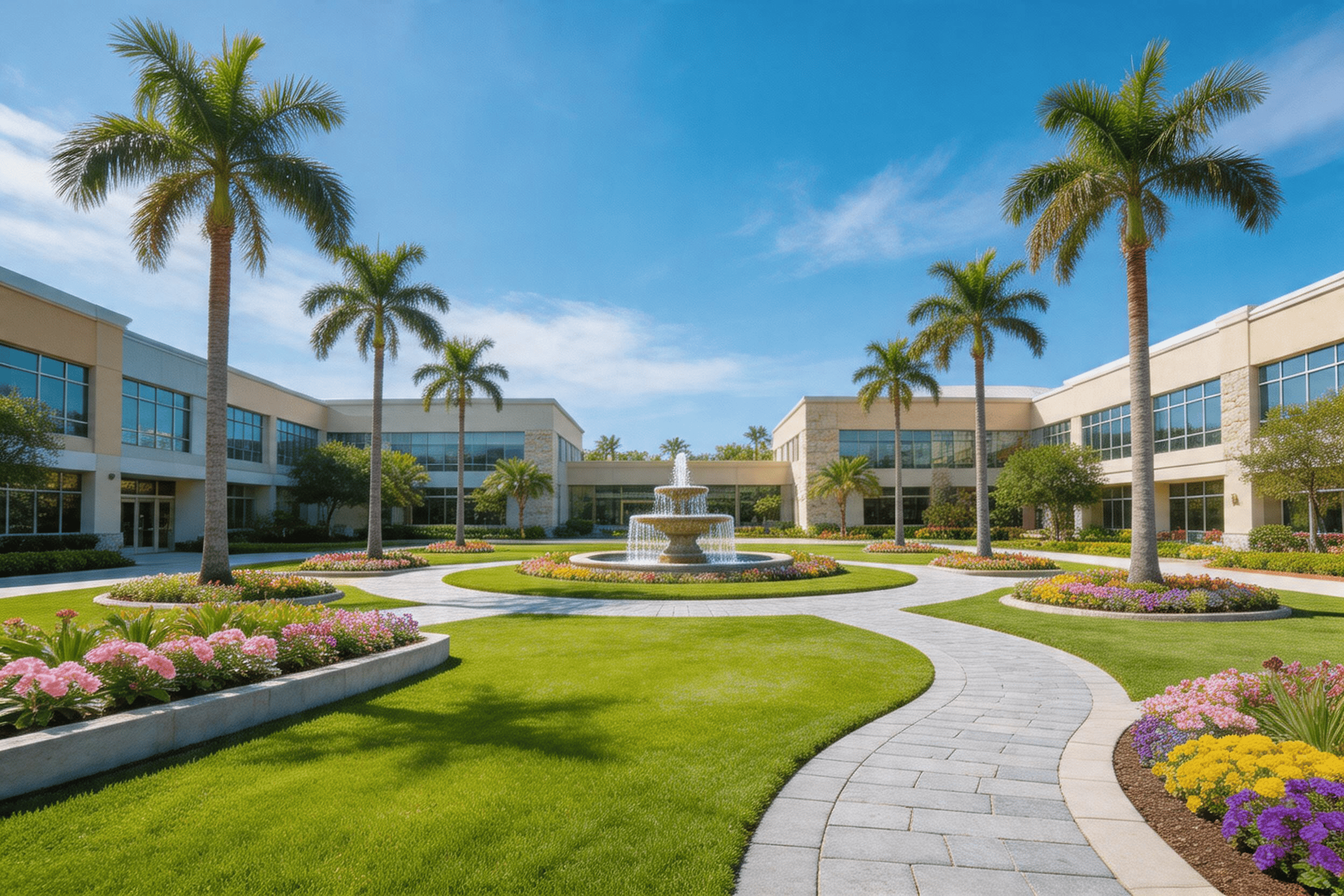 Broward County commercial landscape maintenance showing corporate office park with manicured lawn, palm trees, and tropical flower beds