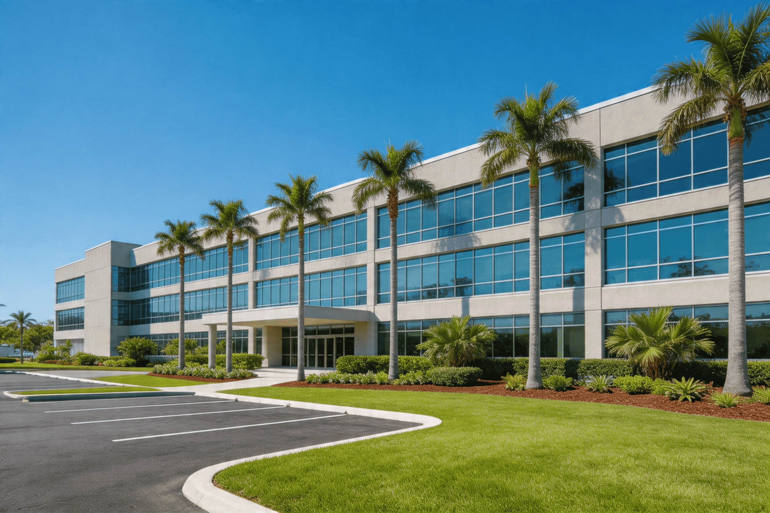 Commercial office building in Broward County with professional landscape maintenance, royal palms, and pristine lawn care