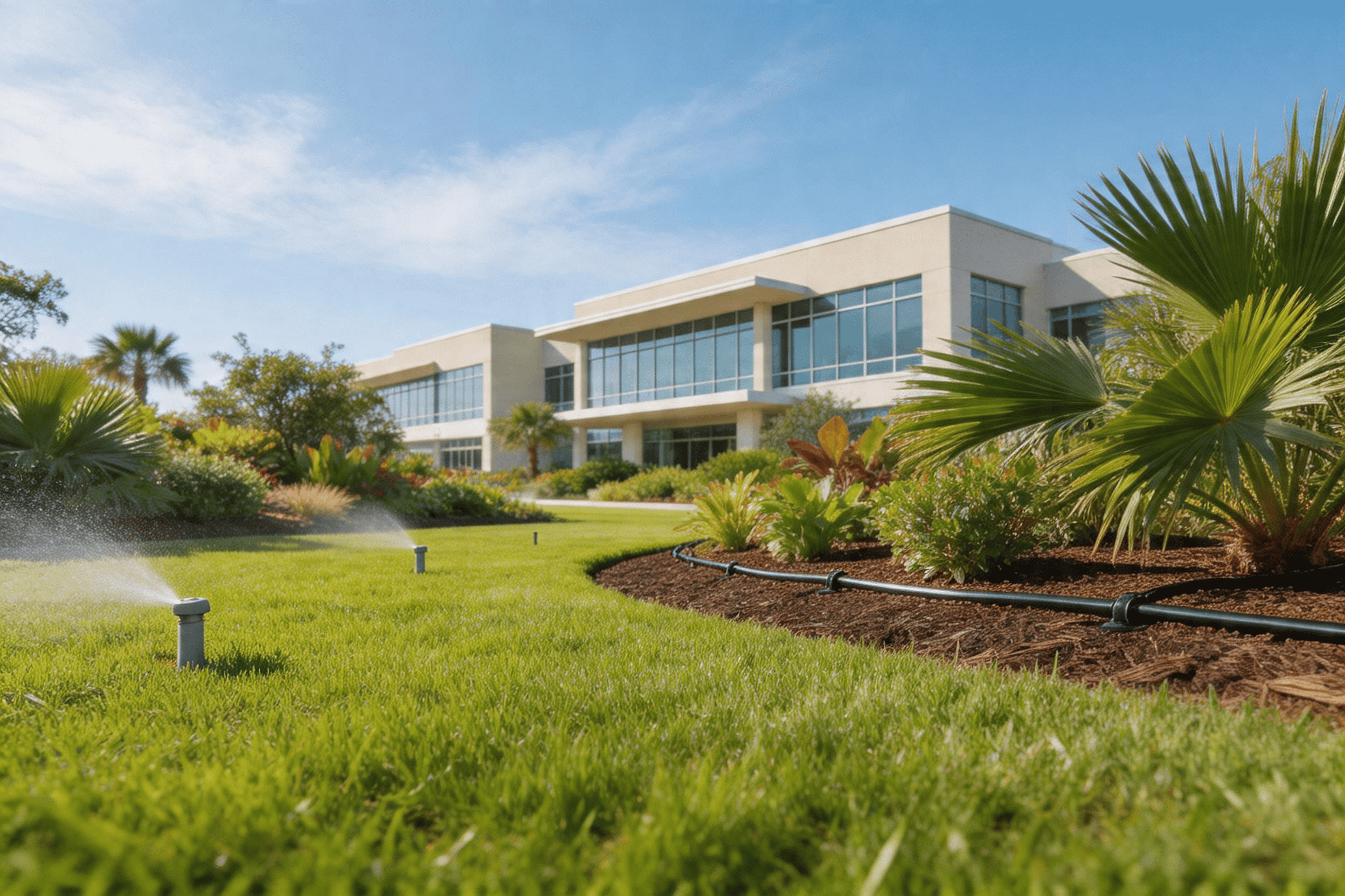 Commercial irrigation system in a Palm Beach County office landscape with turf and native planting beds
