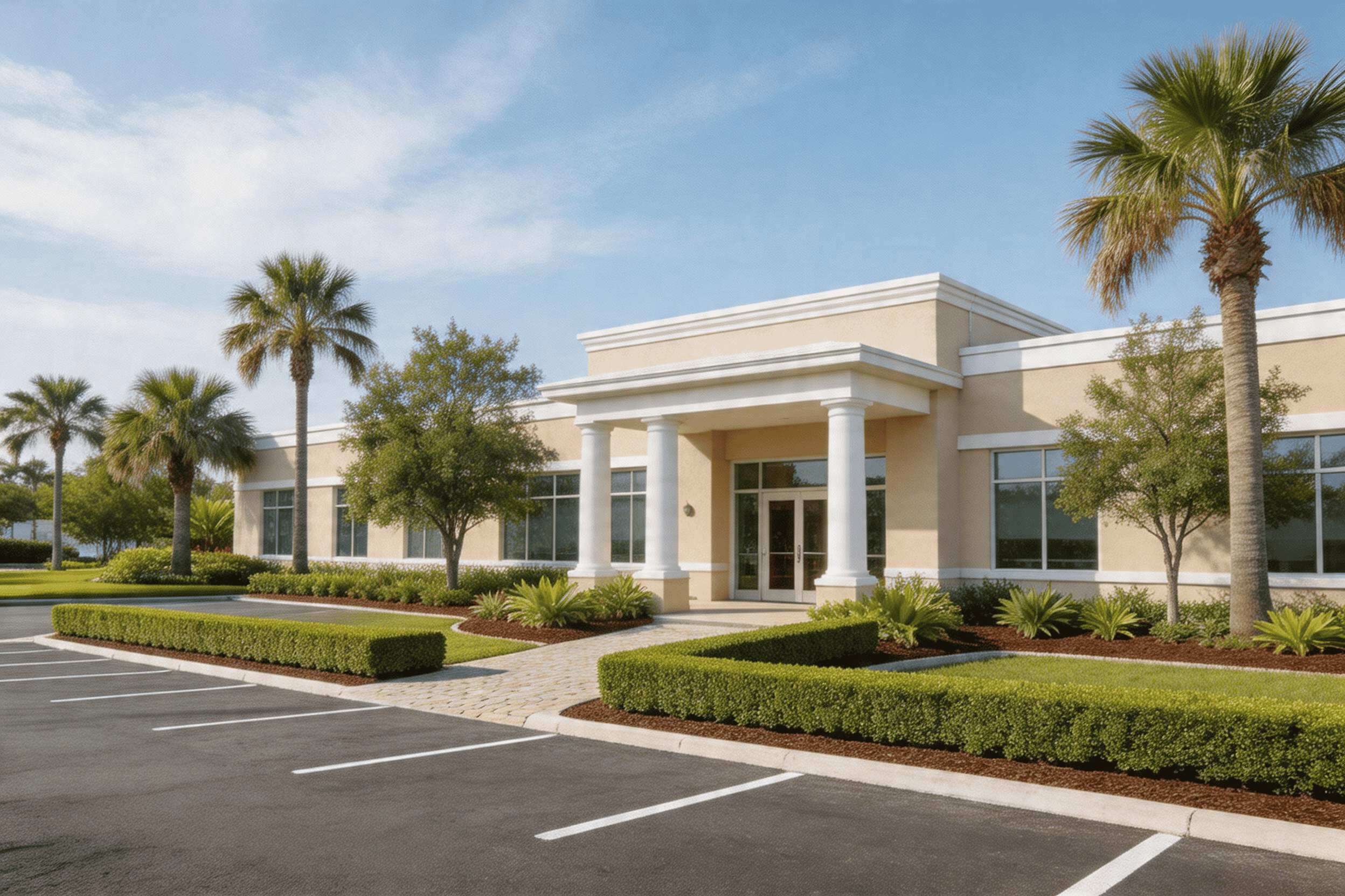 Compliant commercial landscaping in Palm Beach County with trimmed hedges, trees and structured buffers