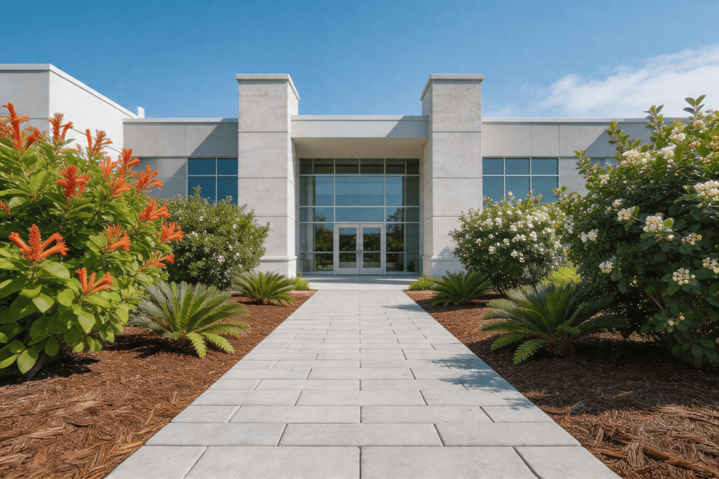 Native commercial landscaping in Palm Beach County with Firebush, Coontie and Simpson’s Stopper