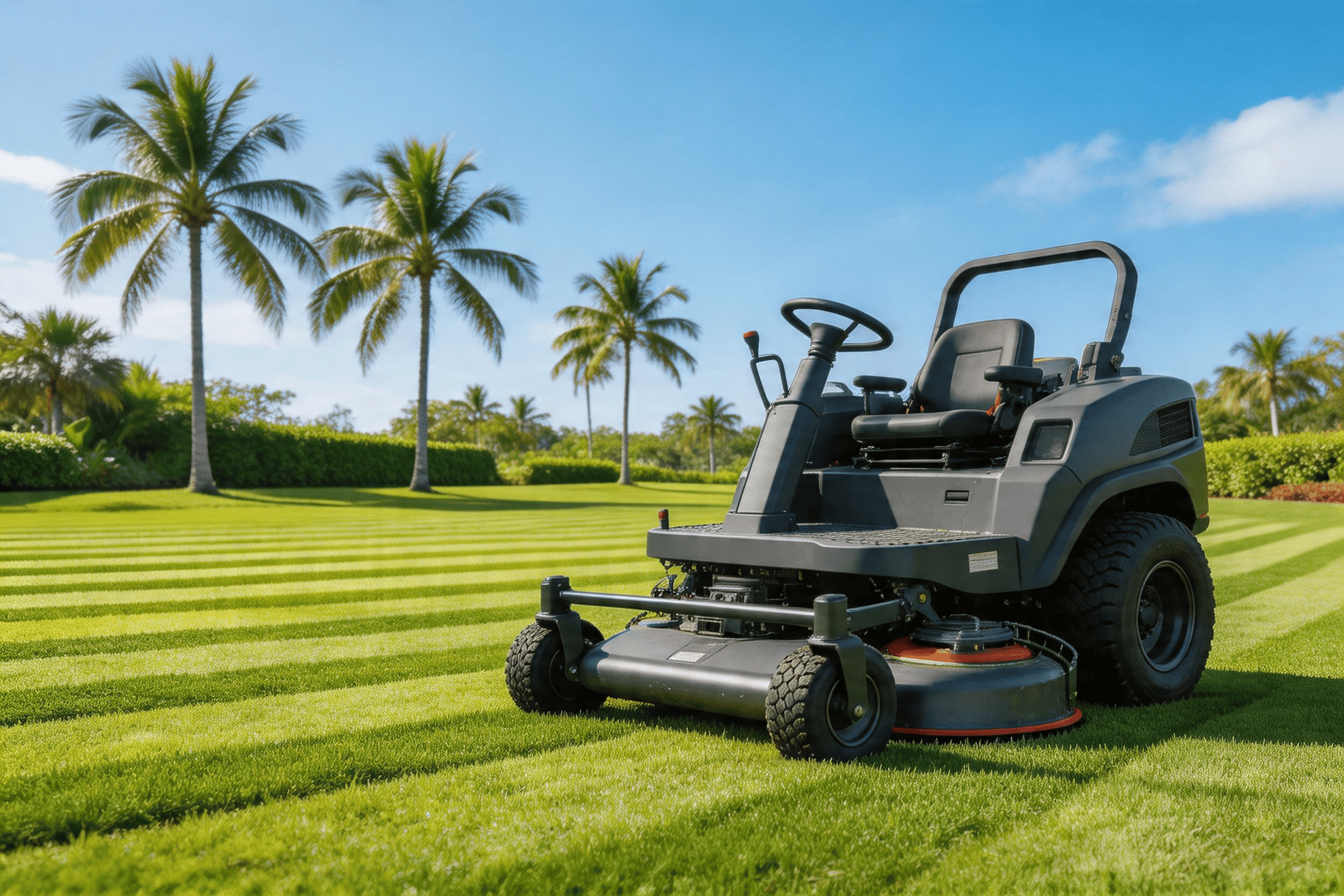 Professional commercial lawn mower on manicured property in Broward County Florida showing quality landscape maintenance equipment
