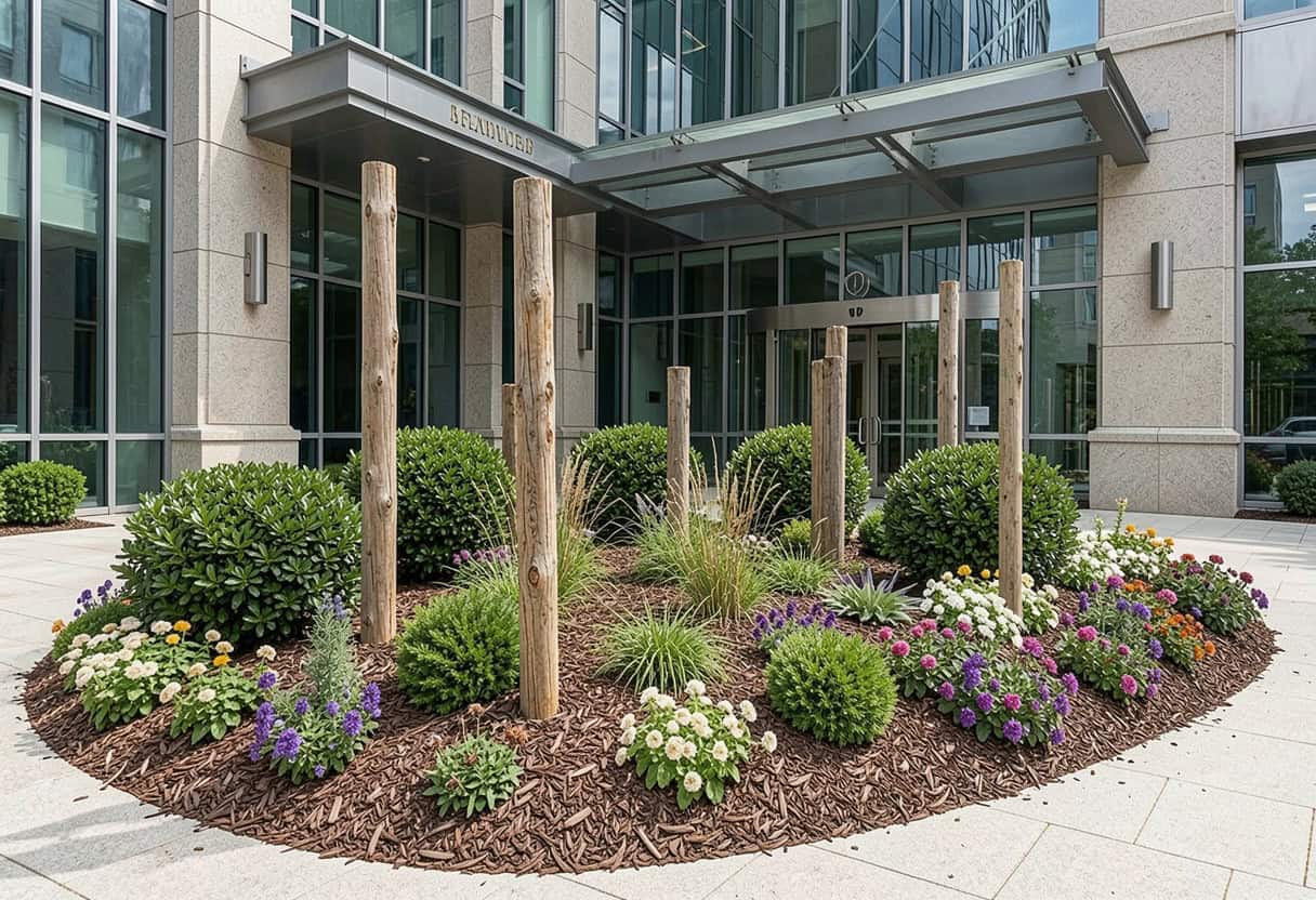 Mulched planting bed with shrubs and flowers at a modern office building entrance