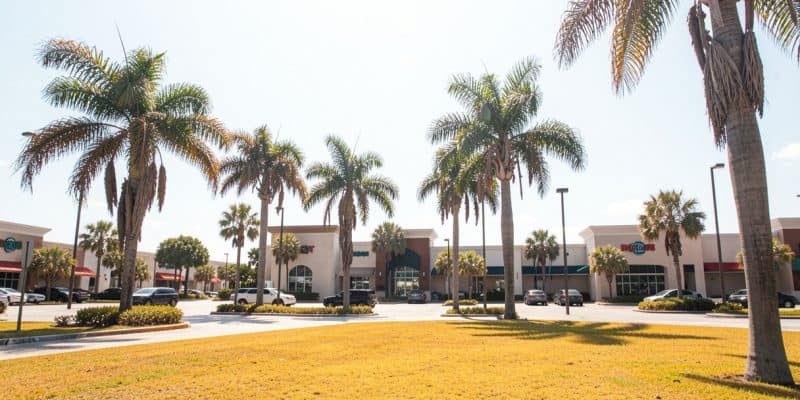 South Florida commercial landscaping at a retail center prepared for summer heat