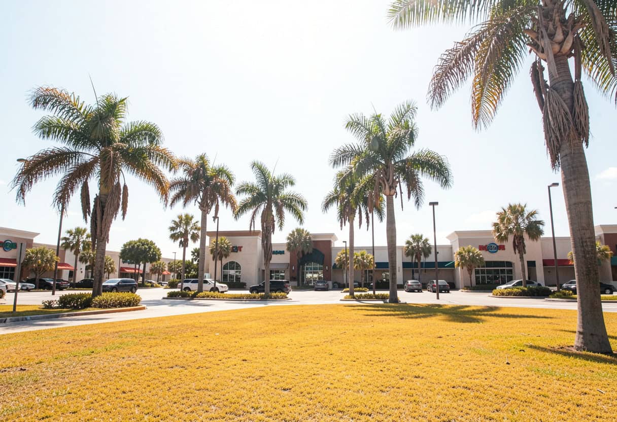 South Florida commercial landscaping at a retail center prepared for summer heat