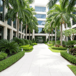 Commercial office building in South Florida with lush tropical landscaping, palm trees, green lawn and clean walkways, professional exterior