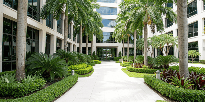 Commercial office building in South Florida with lush tropical landscaping, palm trees, green lawn and clean walkways, professional exterior