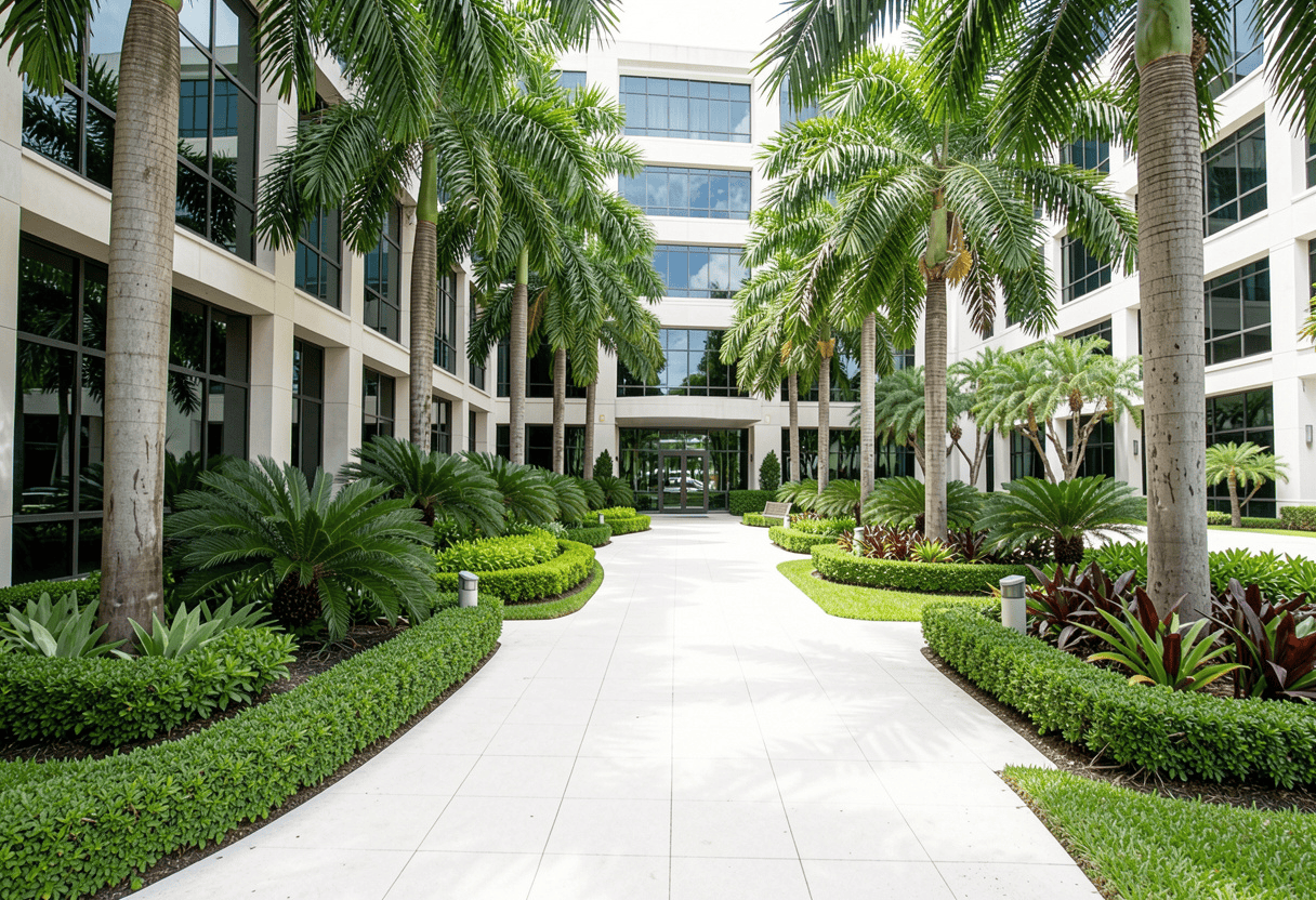 Commercial office building in South Florida with lush tropical landscaping, palm trees, green lawn and clean walkways, professional exterior
