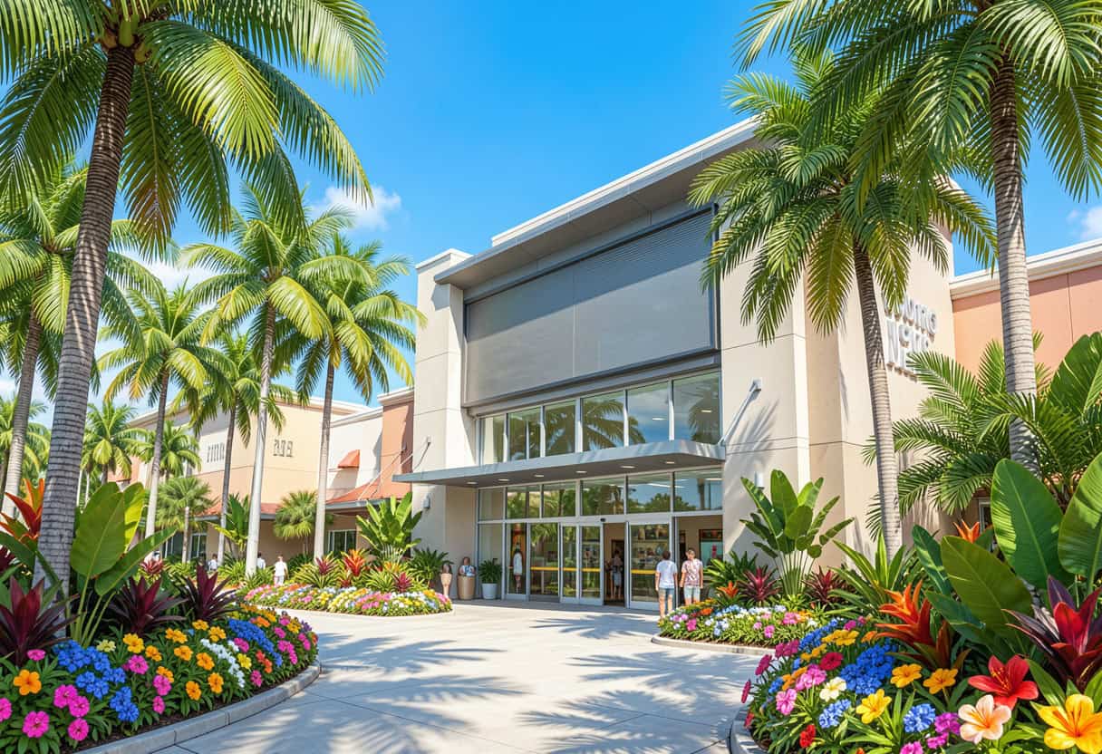 Strip mall landscape with yellowing lawn and palm trees under intense sun