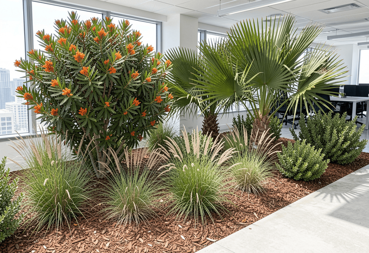 Native South Florida plants such as Firebush and Muhly grass used in a commercial landscape, low maintenance planting beds around a modern building