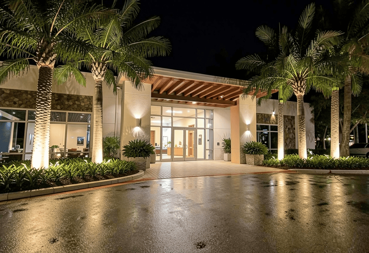 Commercial building entrance at night with professional LED landscape lighting along palm trees and walkways, creating a safe and welcoming atmosphere