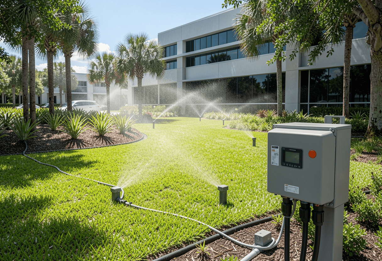 Smart irrigation system watering lawn and planting beds on a commercial property in South Florida, showing efficient water use and healthy turf