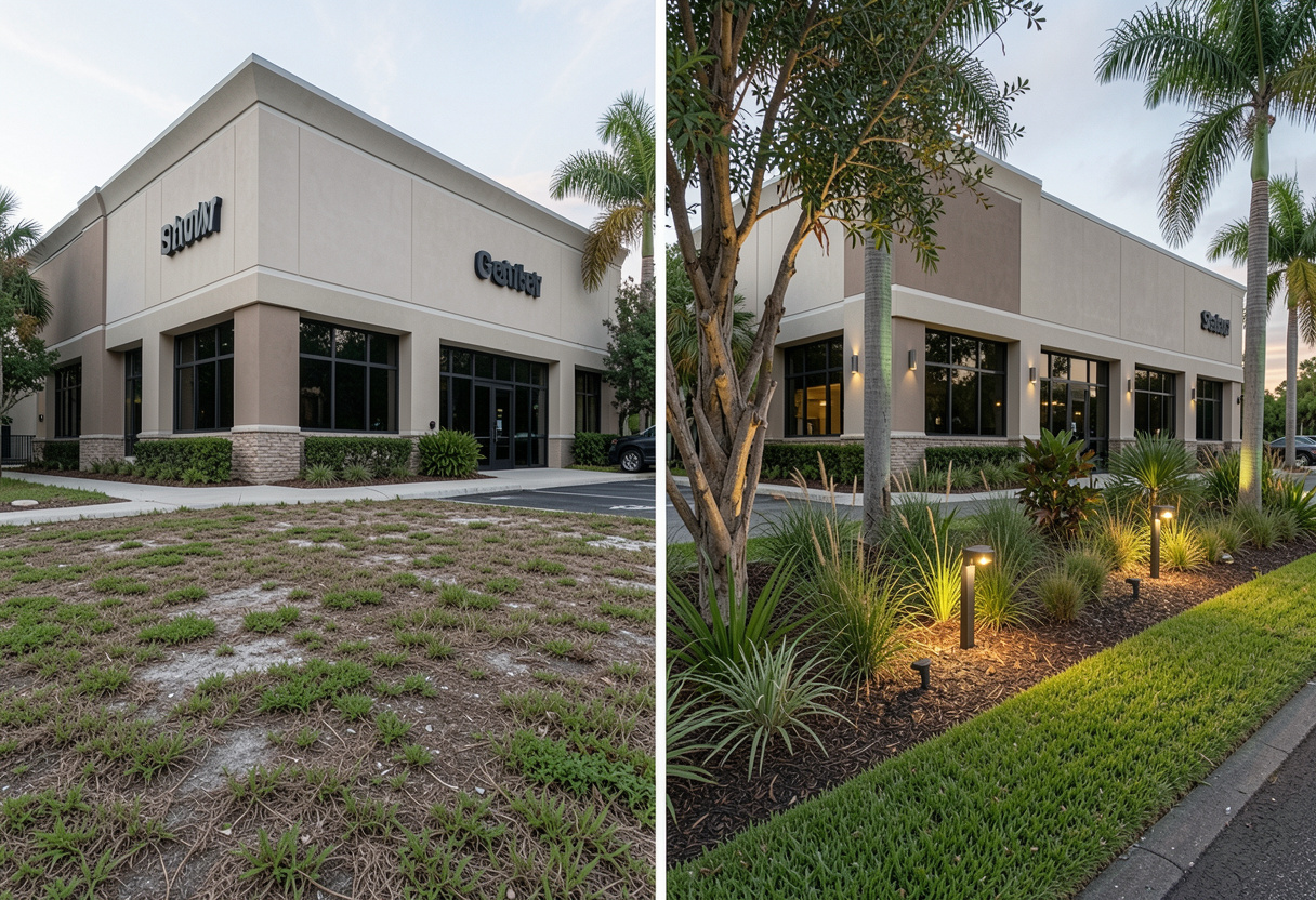 Before and after view of a South Florida commercial property showing the difference that commercial landscaping upgrades make in lawn health, planting and lighting