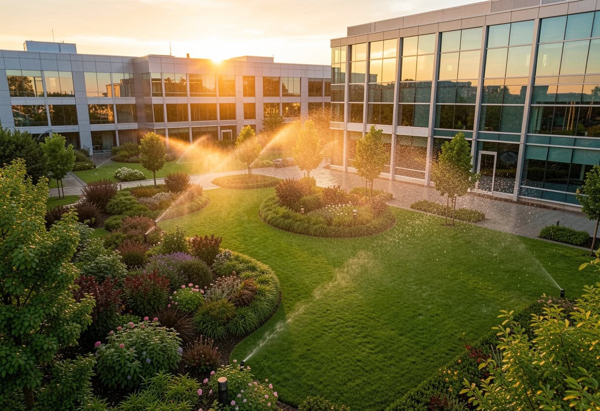 Smart irrigation system watering South Florida commercial landscaping during summer