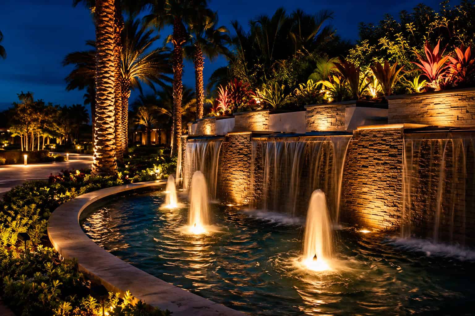 Water Feature Lighting in Luxury Nighttime Landscaping