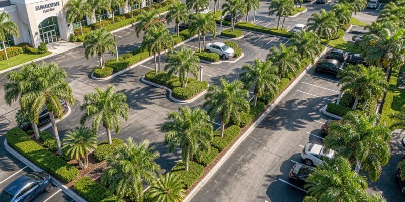 Aerial view of a commercial property entrance in South Florida with neatly trimmed trees and hedges.