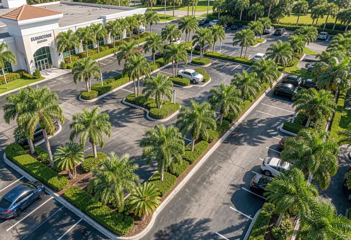 Aerial view of a commercial property entrance in South Florida with neatly trimmed trees and hedges.