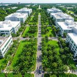 Aerial view of a Florida commercial property with tropical landscaping that influences the total commercial landscaping cost in Florida.