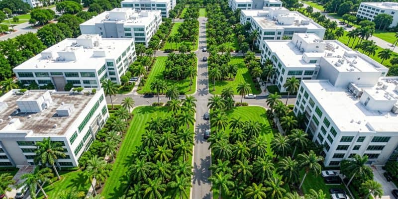 Aerial view of a Florida commercial property with tropical landscaping that influences the total commercial landscaping cost in Florida.