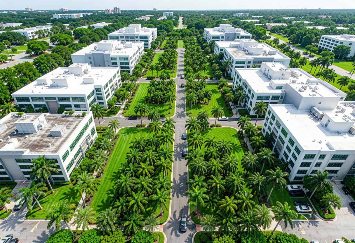 Aerial view of a Florida commercial property with tropical landscaping that influences the total commercial landscaping cost in Florida.