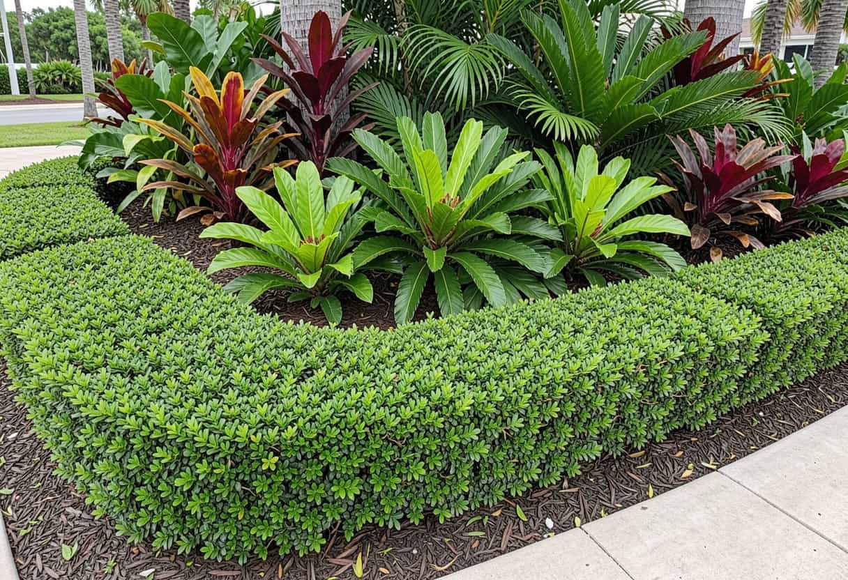 Well-maintained landscape bed with fresh mulch and trimmed hedges, reflecting the quality services behind a typical commercial landscaping cost in Florida.

