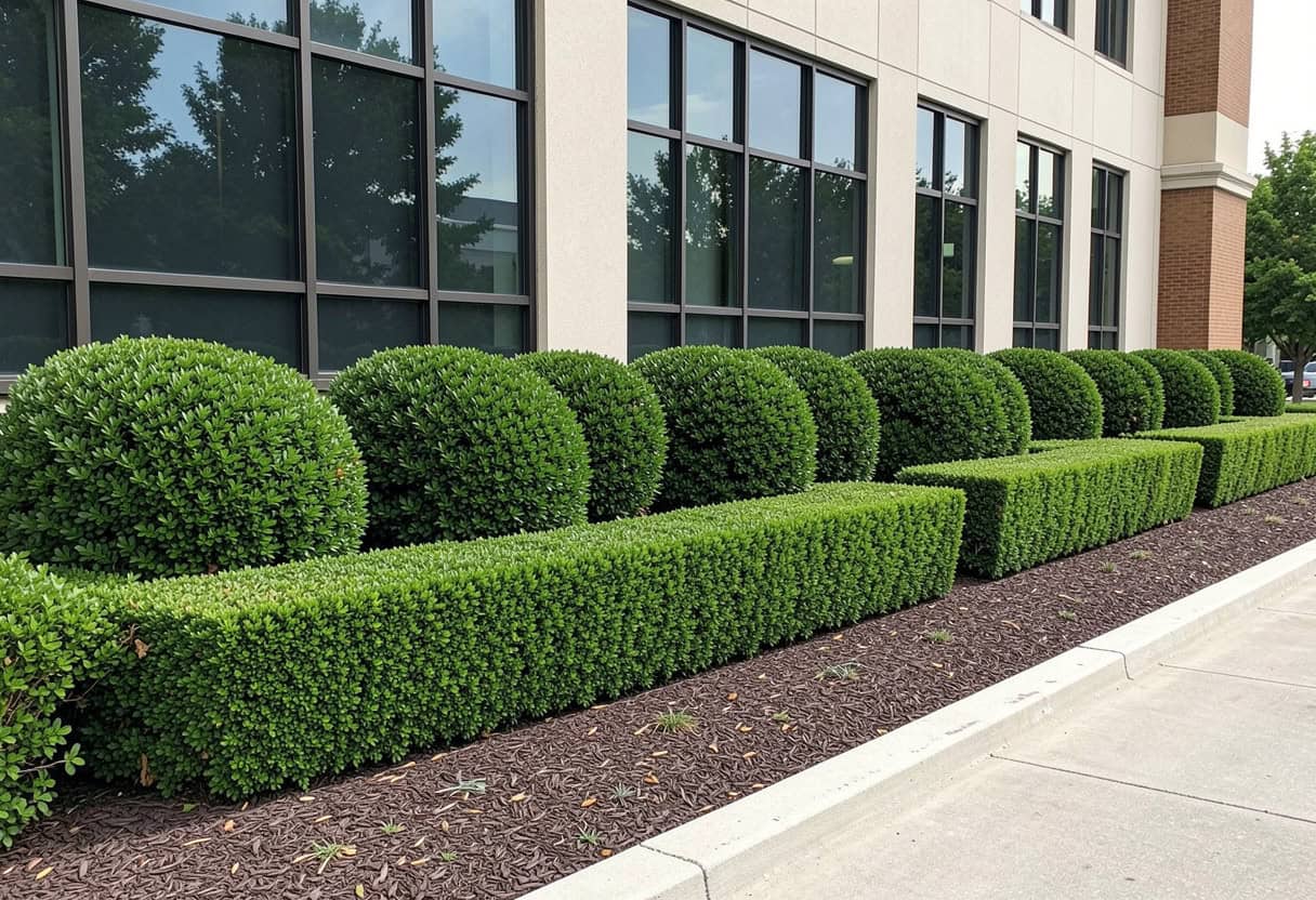 Foundation shrubs and hedges neatly shaped along an office building after regular tree trimming Martin County maintenance. 