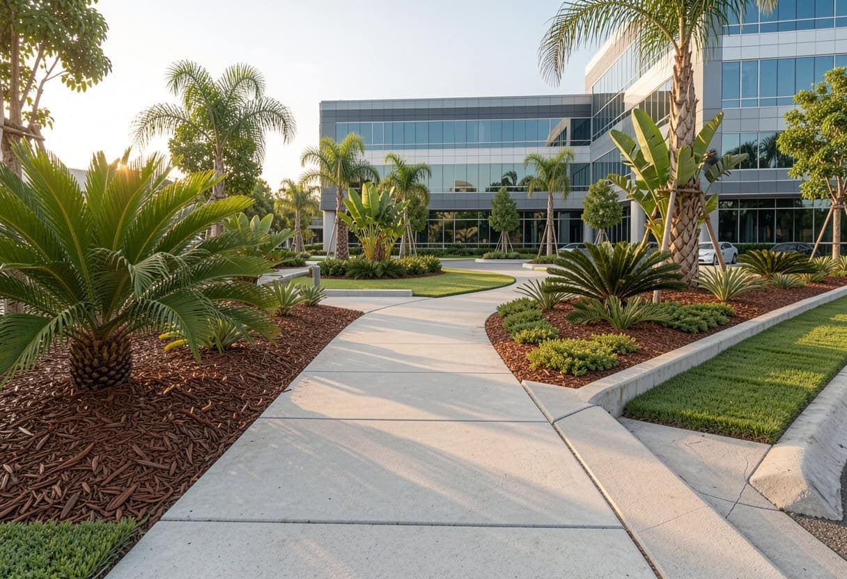Retail plaza parking islands with palm trees and best commercial landscaping for customer-facing areas