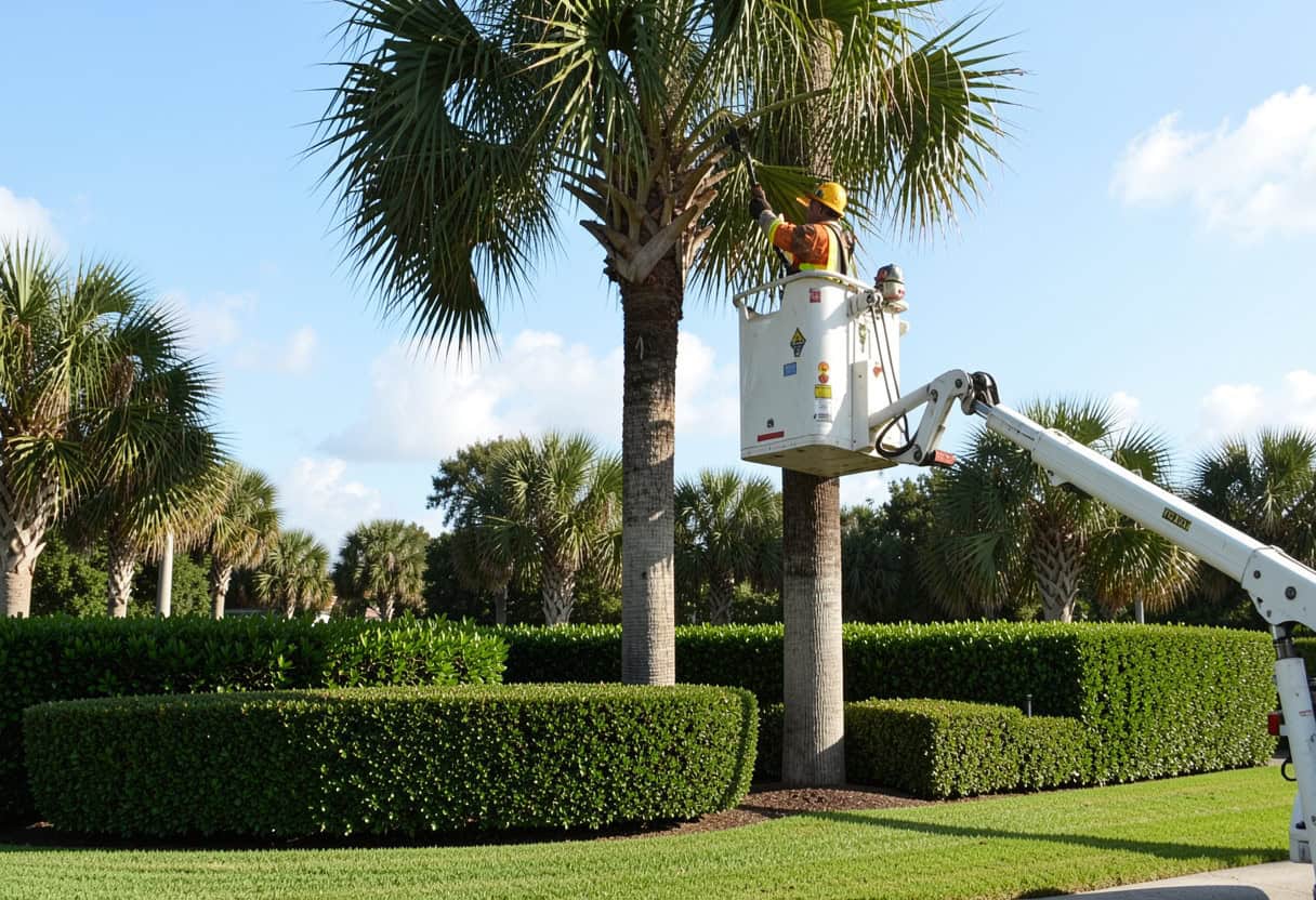 Landscaper trimming a palm tree on a Florida business site as part of expert tree trimming Martin County services.