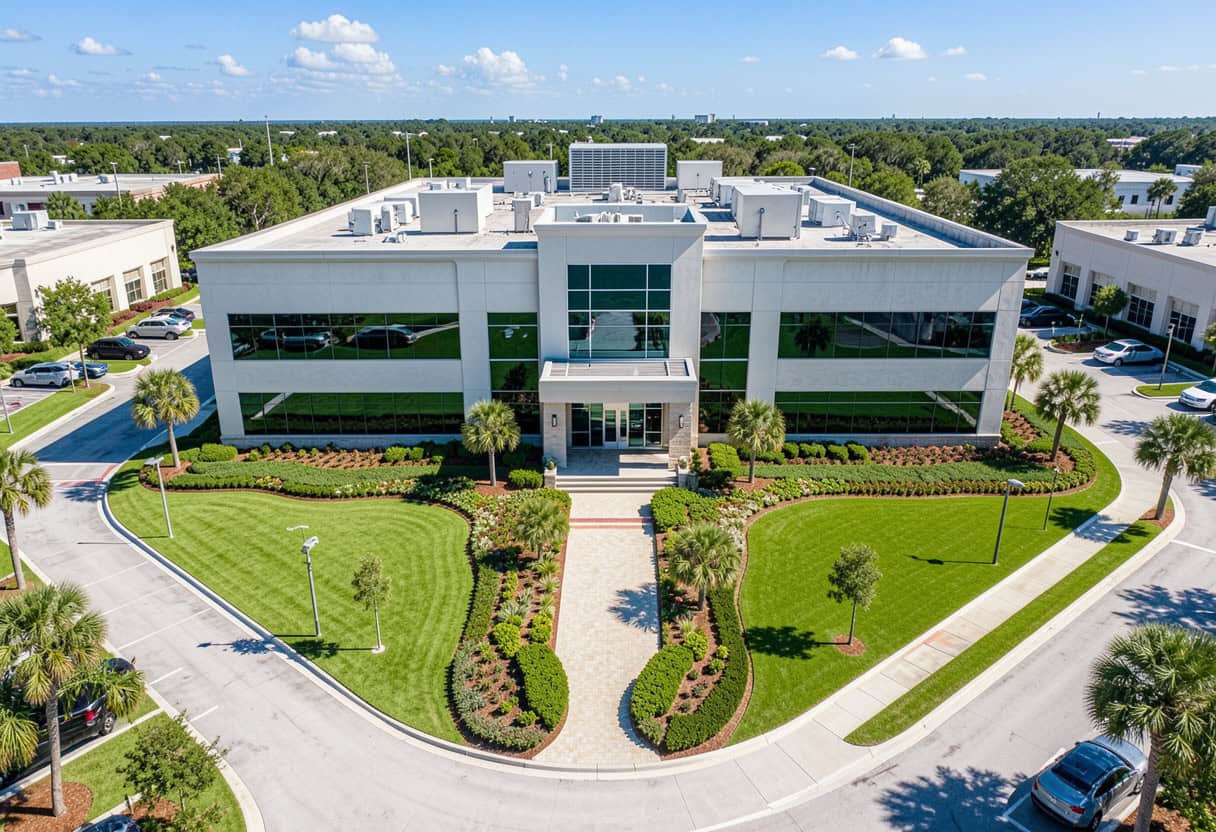 Business park entrance with clean walkways and best commercial landscaping enhancing curb appeal