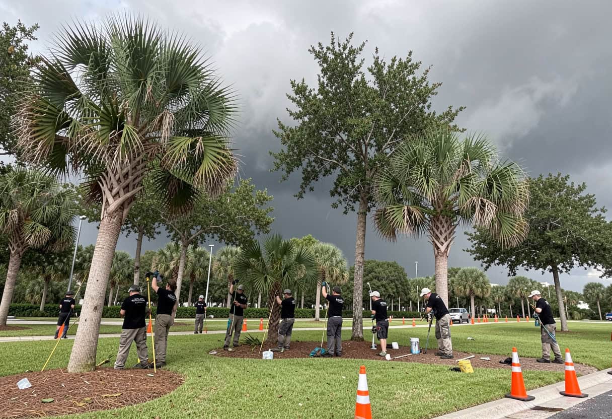 Crew pruning trees before storm season as part of hurricane-ready tree trimming Martin County commercial programs.