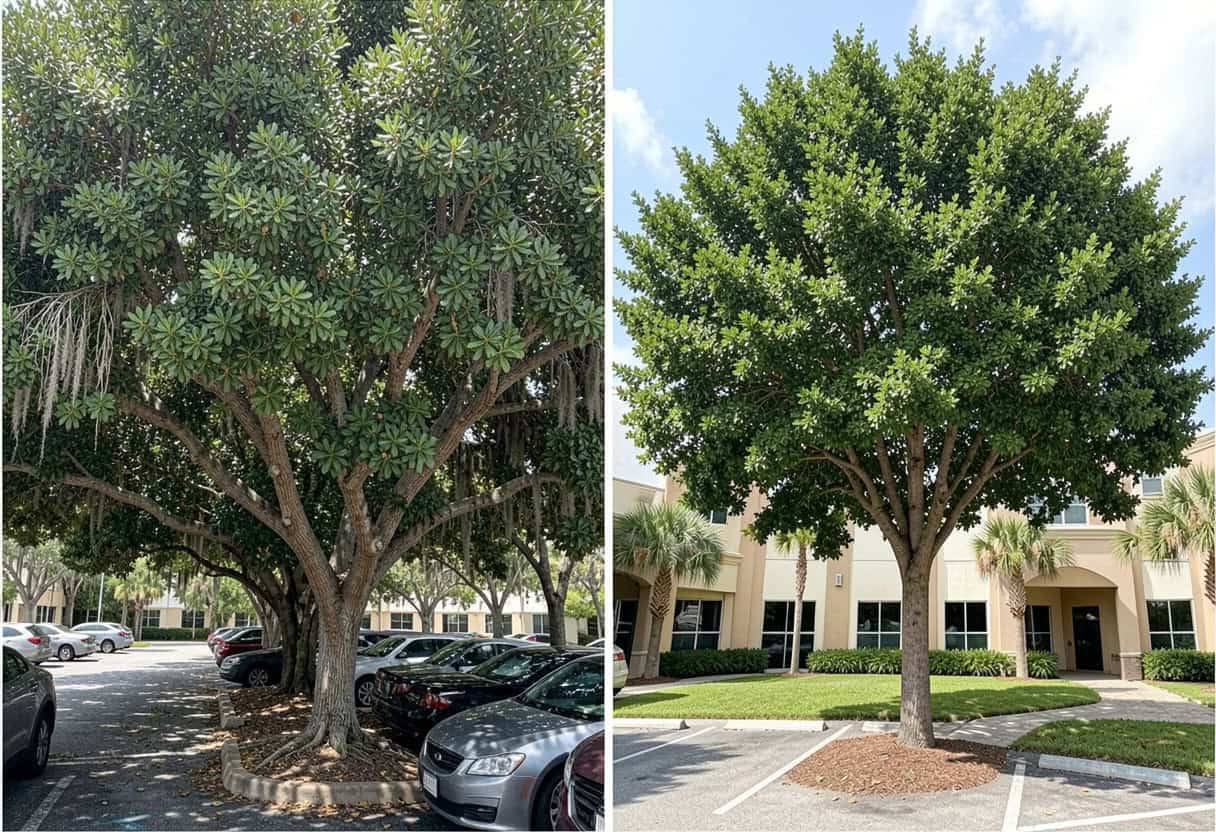 Before and after view of commercial trees with overgrown canopies versus safe, professional tree trimming Martin County results.