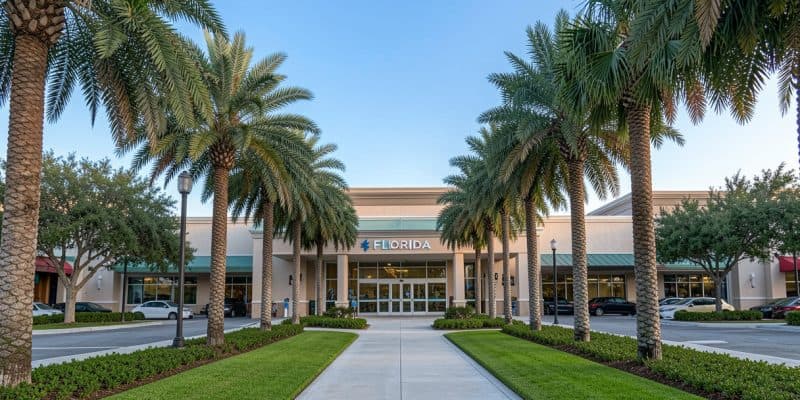 Commercial plaza in Palm Beach County with best commercial landscaping and tropical plants around storefronts