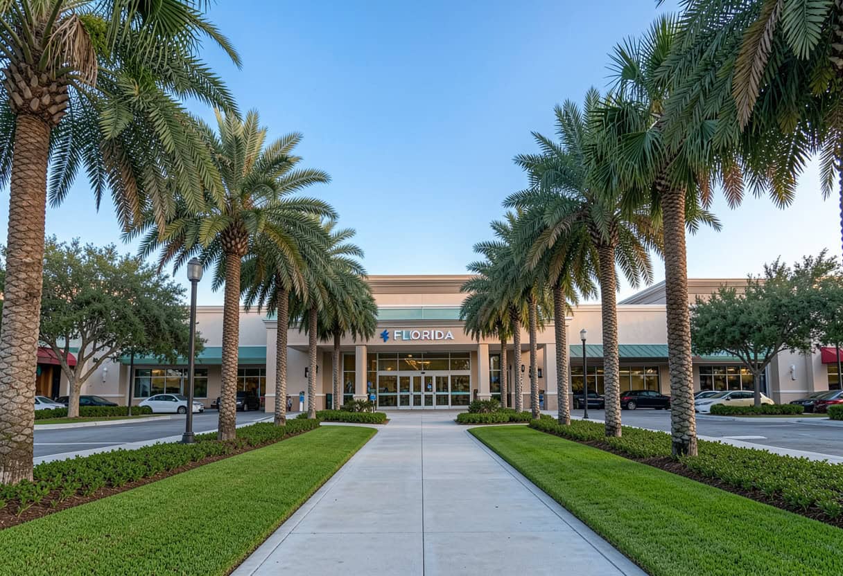 Commercial plaza in Palm Beach County with best commercial landscaping and tropical plants around storefronts